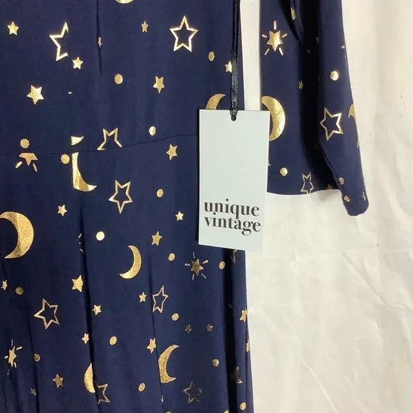 Unique Vintage Blue and Gold Bateau neck dress - Picture 3 of 4